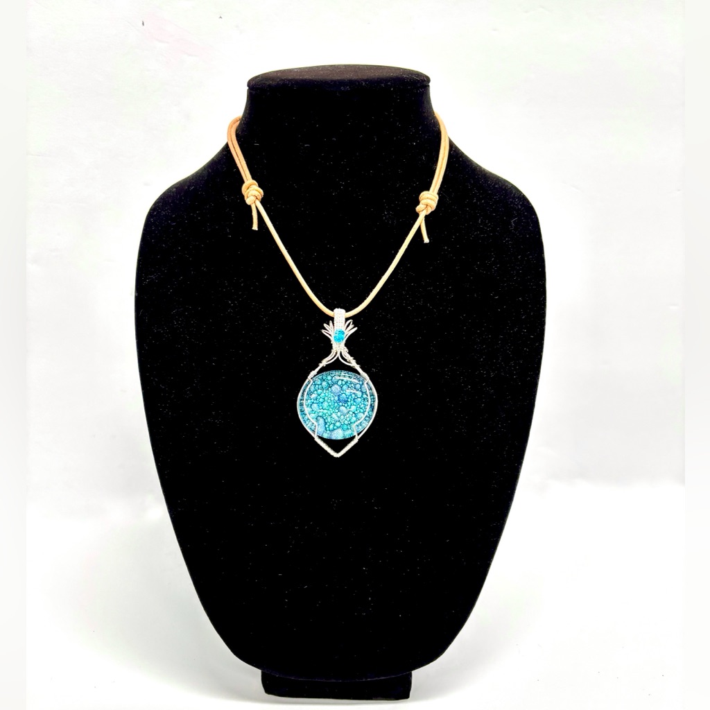 Handmade Resin Art Glass Hand Wrapped Silver Plated Necklace, Artisan Jewelry